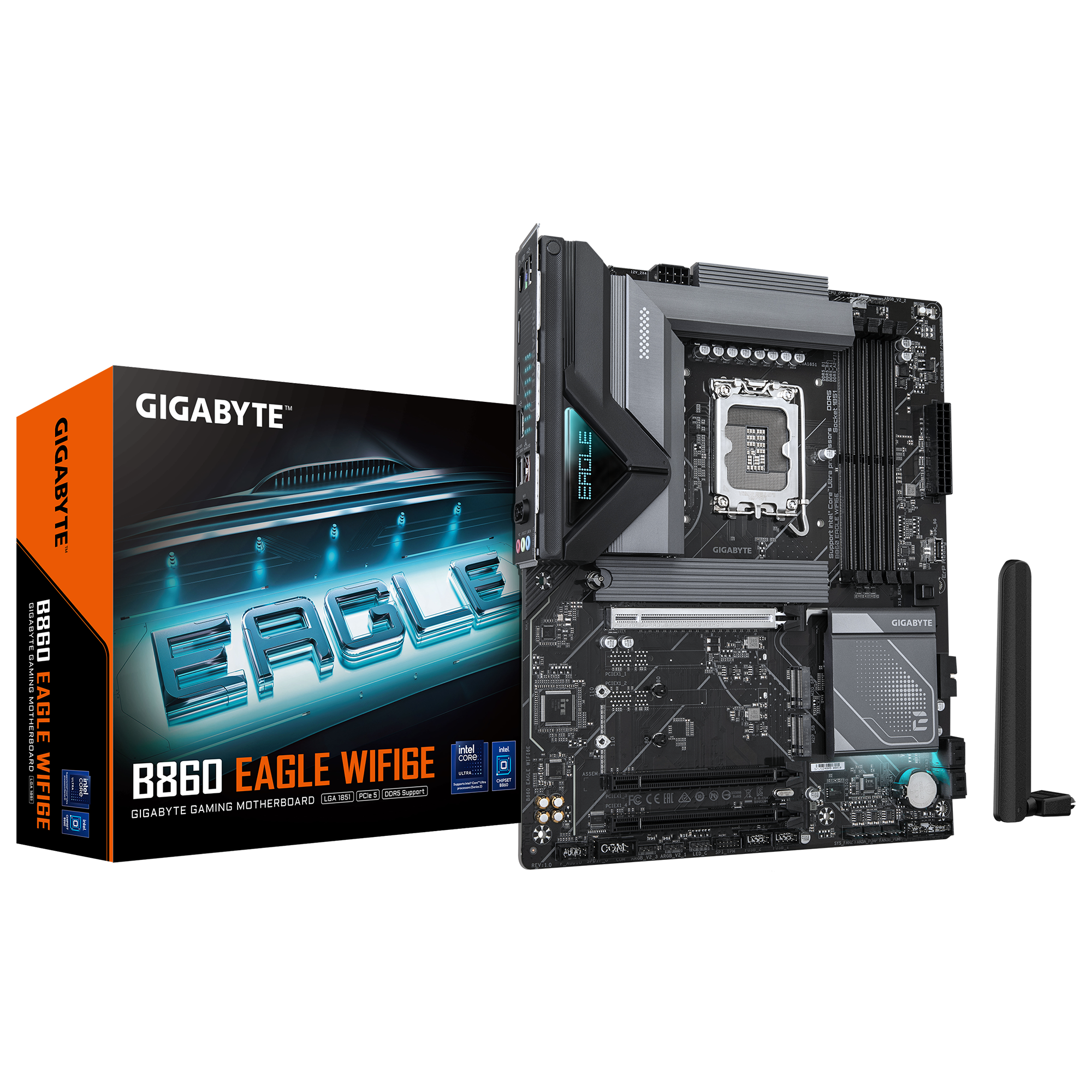 B860 EAGLE WIFI6E Motherboard; Intel B860 Express Chipset; 4 x DDR5 DIMM sockets supporting up to 256 GB; Realtek 2.5GbE LAN chip