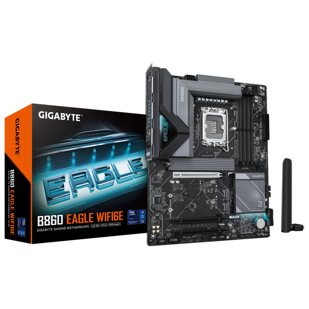 B860 EAGLE WIFI6E Motherboard; Intel B860 Express Chipset; 4 x DDR5 DIMM sockets supporting up to 256 GB; Realtek 2.5GbE LAN chip