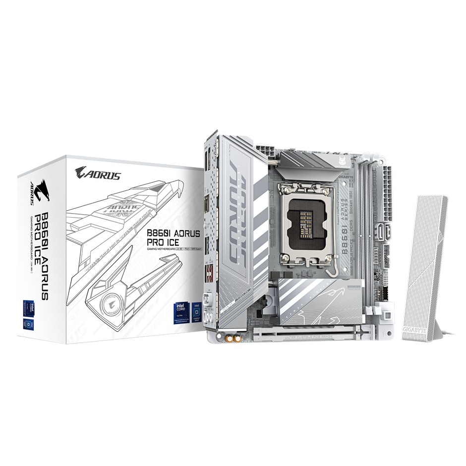 B860I AORUS PRO ICE MOTHERBOARD;Intel B860 Express Chipset; 2 x DDR5 DIMM sockets aupporting upto 128GB