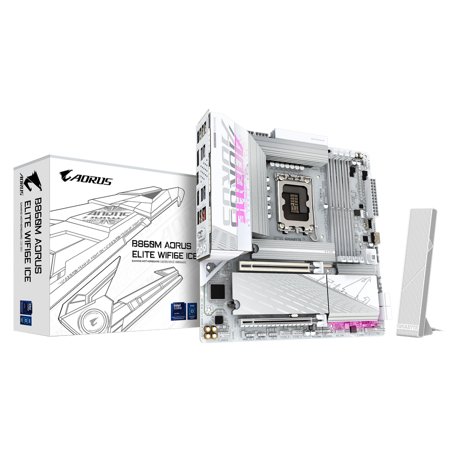 B860M AORUS ELITE WIFI6E ICE Motherboard; LGA1851 socket:Intel B860 Express Chipset; 4 x DDR5 DIMM sockets supporting up to 256 GB