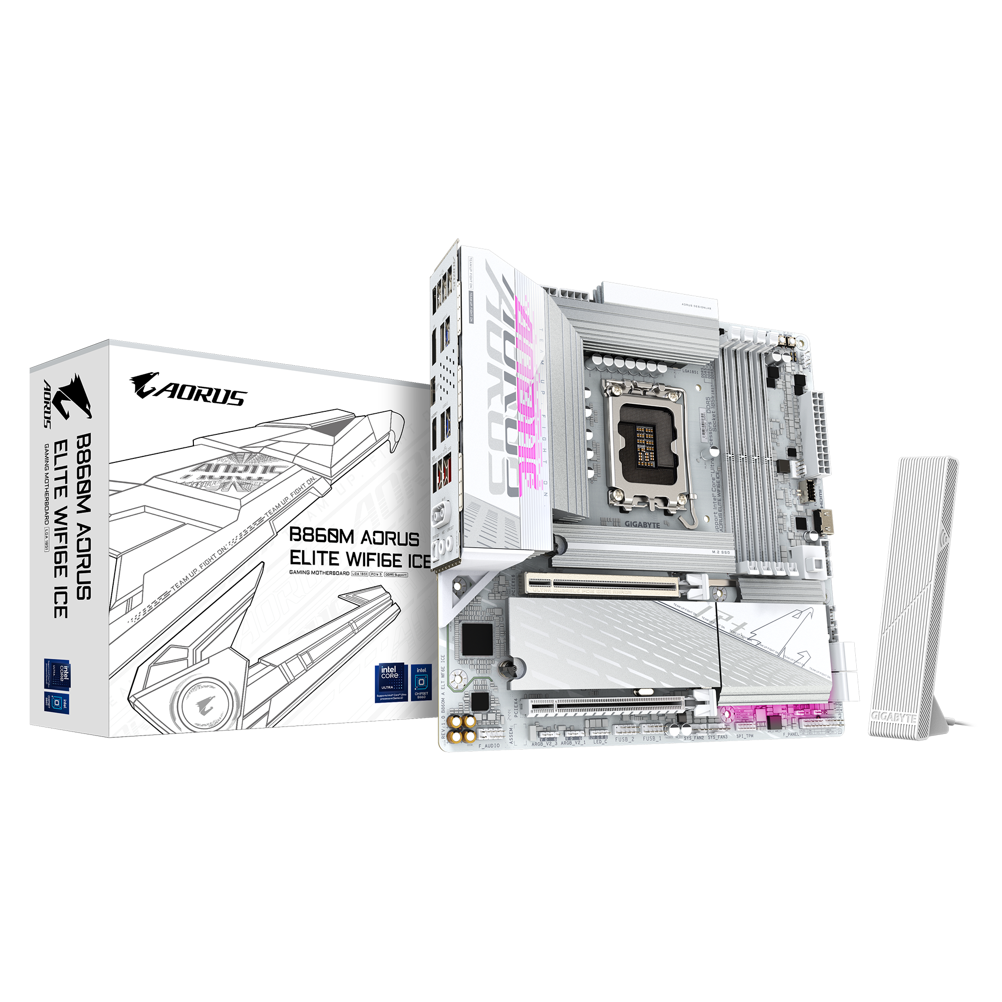 B860M AORUS ELITE WIFI6E ICE Motherboard; LGA1851 socket:Intel B860 Express Chipset; 4 x DDR5 DIMM sockets supporting up to 256 GB