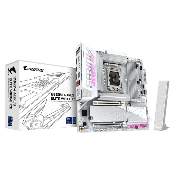 B860M AORUS ELITE WIFI6E ICE Motherboard; LGA1851 socket:Intel B860 Express Chipset; 4 x DDR5 DIMM sockets supporting up to 256 GB