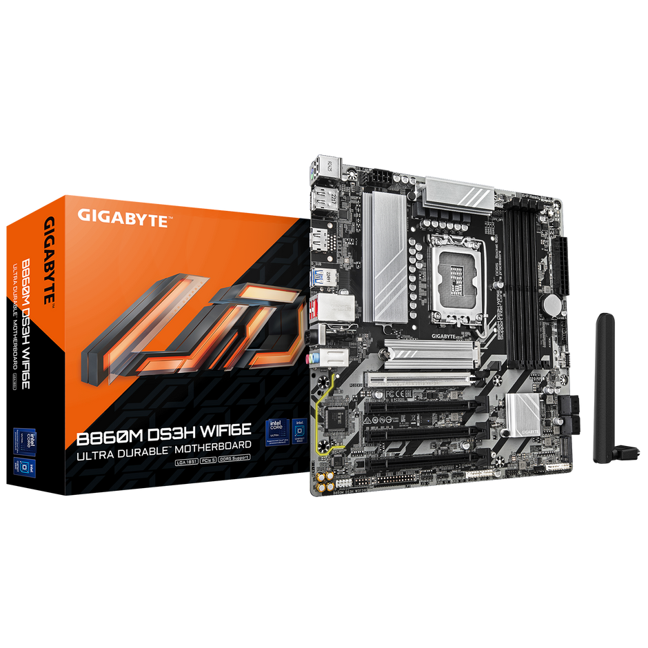 B860M DS3H WIFI6E Motherboard; Intel B860 Express Chipset; Realtek 2.5GbE LAN chip; 4 x DDR5 DIMM sockets supporting up to 256 GB; Dual channel memory