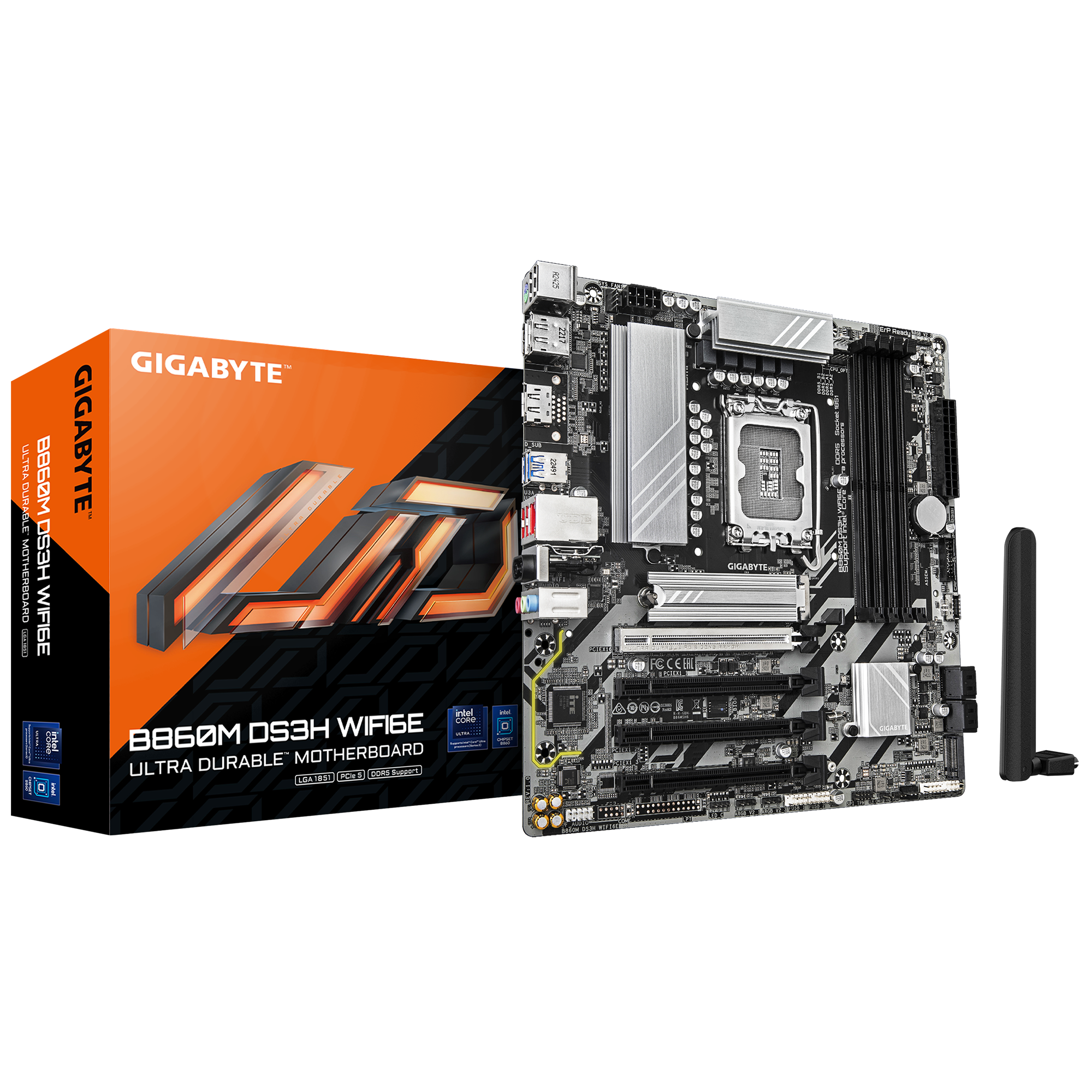 B860M DS3H WIFI6E Motherboard; Intel B860 Express Chipset; Realtek 2.5GbE LAN chip; 4 x DDR5 DIMM sockets supporting up to 256 GB; Dual channel memory