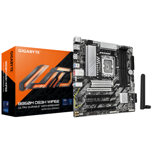 B860M DS3H WIFI6E Motherboard; Intel B860 Express Chipset; Realtek 2.5GbE LAN chip; 4 x DDR5 DIMM sockets supporting up to 256 GB; Dual channel memory