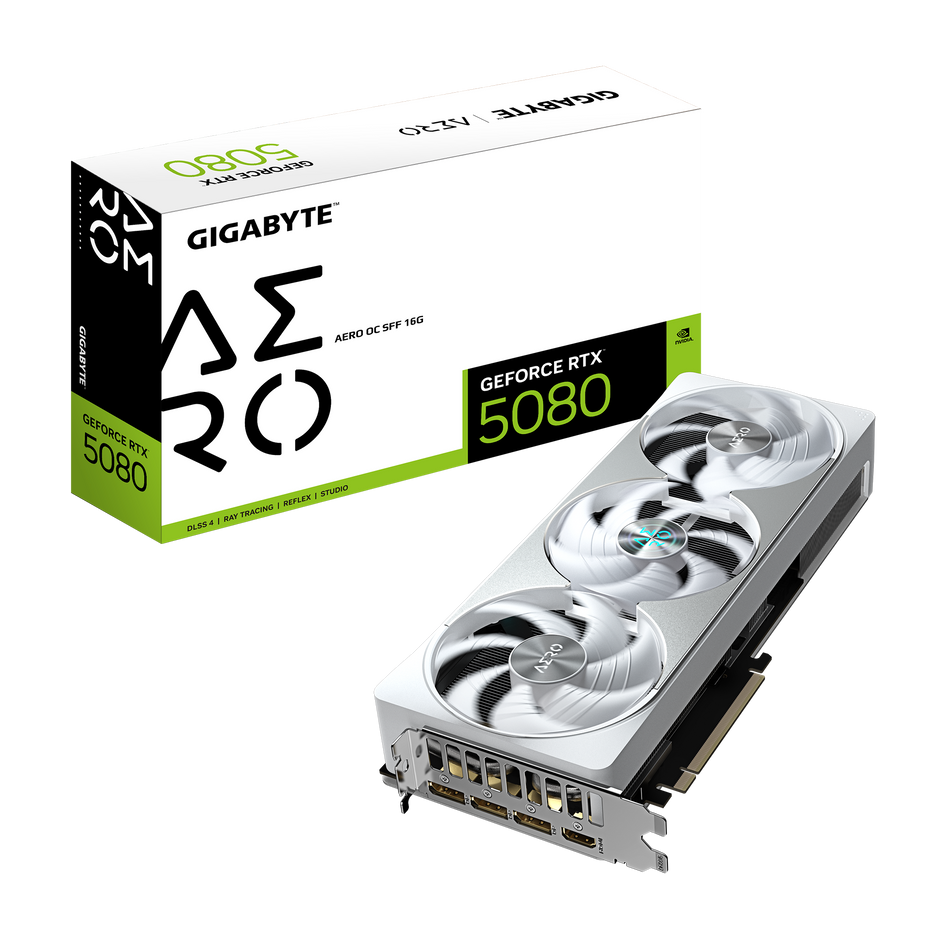 GeForce RTX 5080 AERO OC SFF 16GB; GDDR7 256bit memory interface; WINDFORCE cooling system; Digital max resolution 7680 x 4320; 2730 MHz