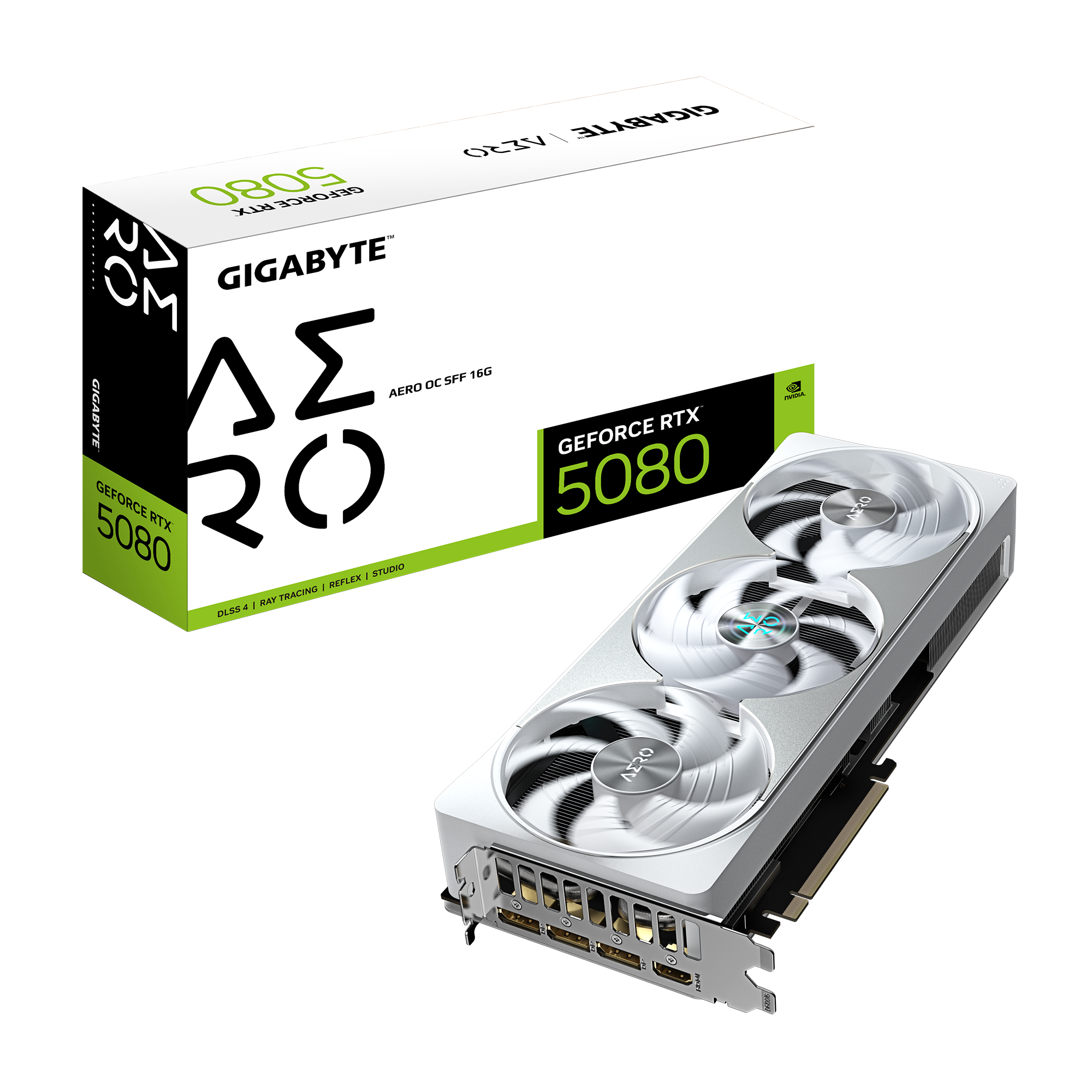 GeForce RTX 5080 AERO OC SFF 16GB; GDDR7 256bit memory interface; WINDFORCE cooling system; Digital max resolution 7680 x 4320; 2730 MHz