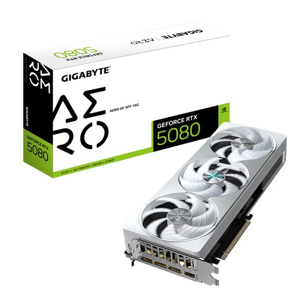 GeForce RTX 5080 AERO OC SFF 16GB; GDDR7 256bit memory interface; WINDFORCE cooling system; Digital max resolution 7680 x 4320; 2730 MHz