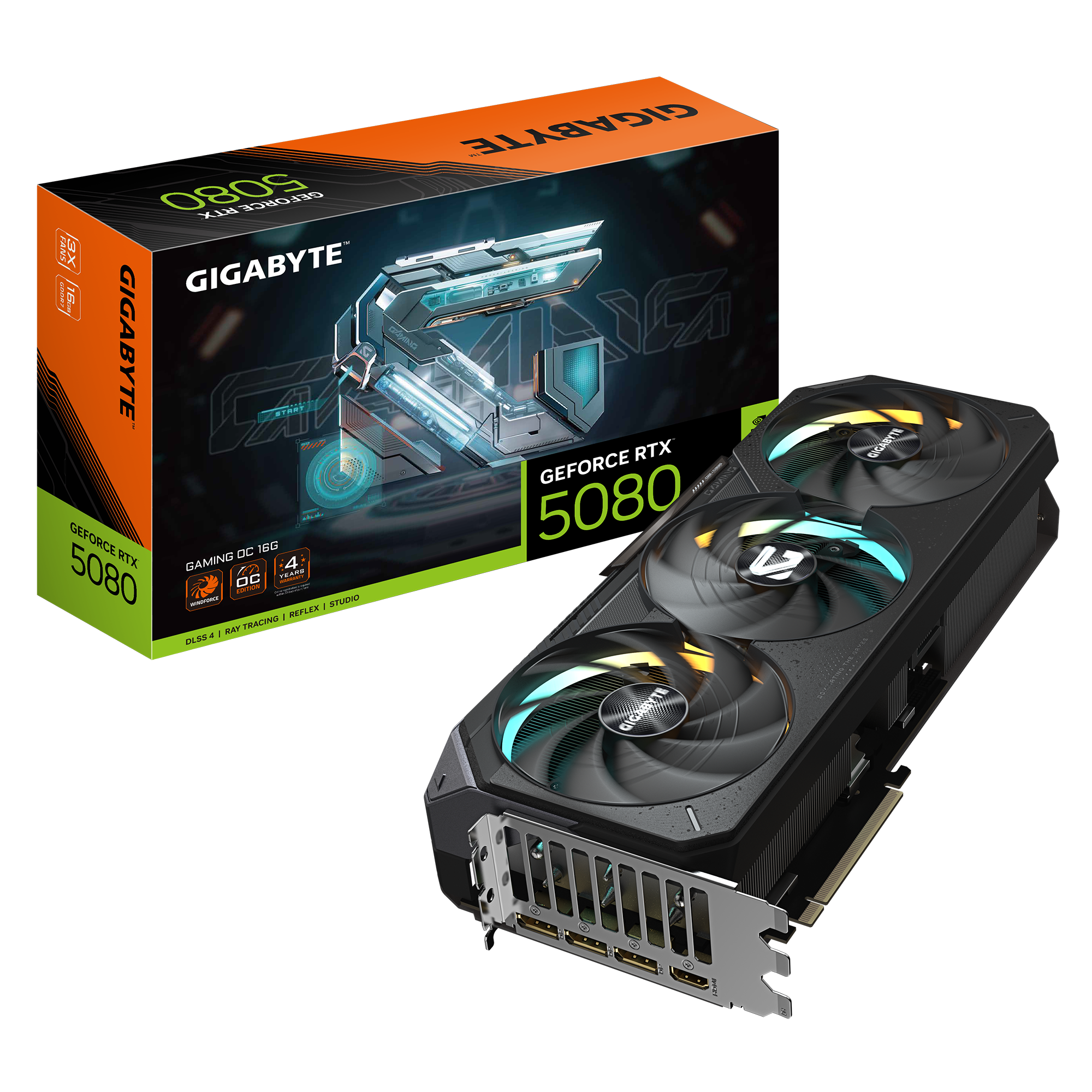 GeForce RTX 5080 GAMING OC 16GB; GDDR7 256bit memory interface; WINDFORCE cooling system; CORE CLOCK 2730 MHz