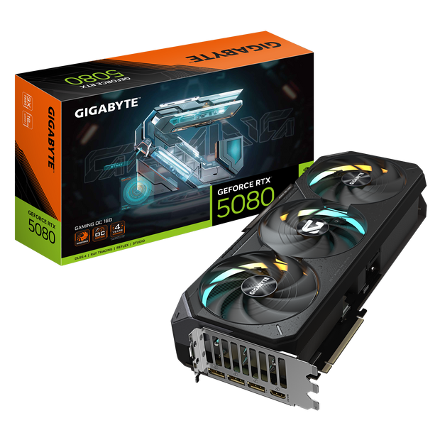GeForce RTX 5080 GAMING OC 16GB; GDDR7 256bit memory interface; WINDFORCE cooling system; CORE CLOCK 2730 MHz
