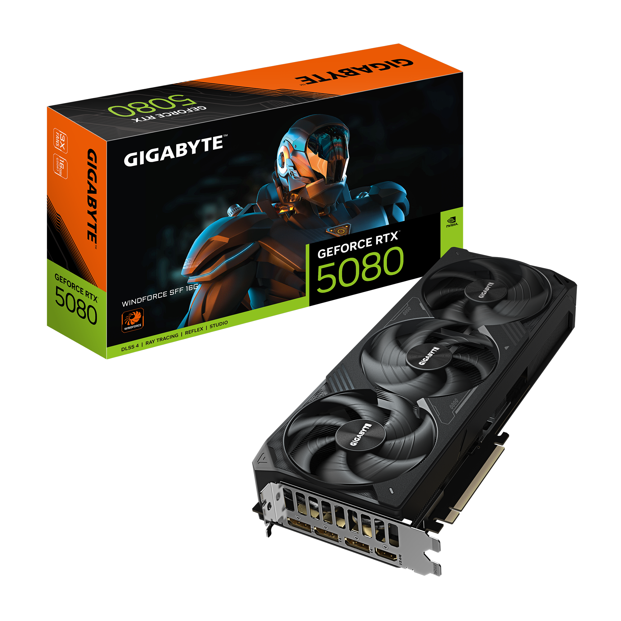 GeForce RTX 5080 WINDFORCE OC SFF 16G;Integrated with 16GB GDDR7 256bit memory interface;WINDFORCE cooling system