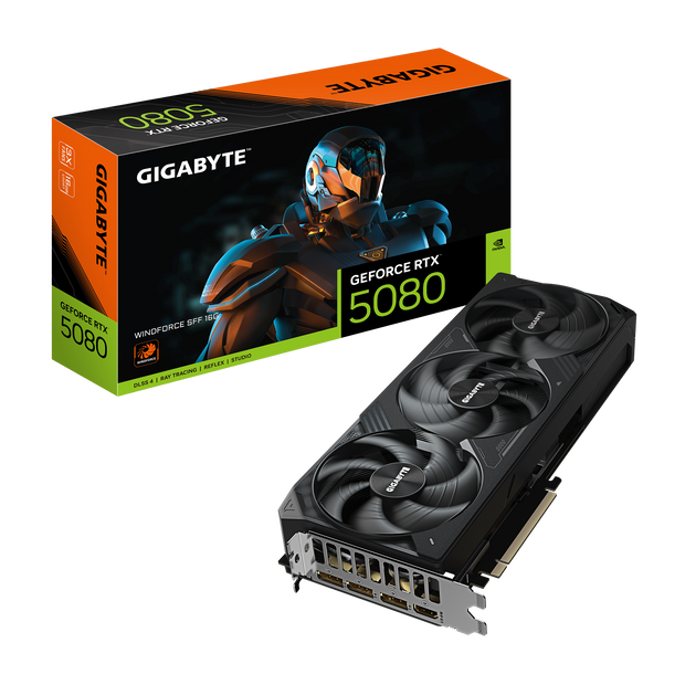 GeForce RTX 5080 WINDFORCE OC SFF 16G;Integrated with 16GB GDDR7 256bit memory interface;WINDFORCE cooling system