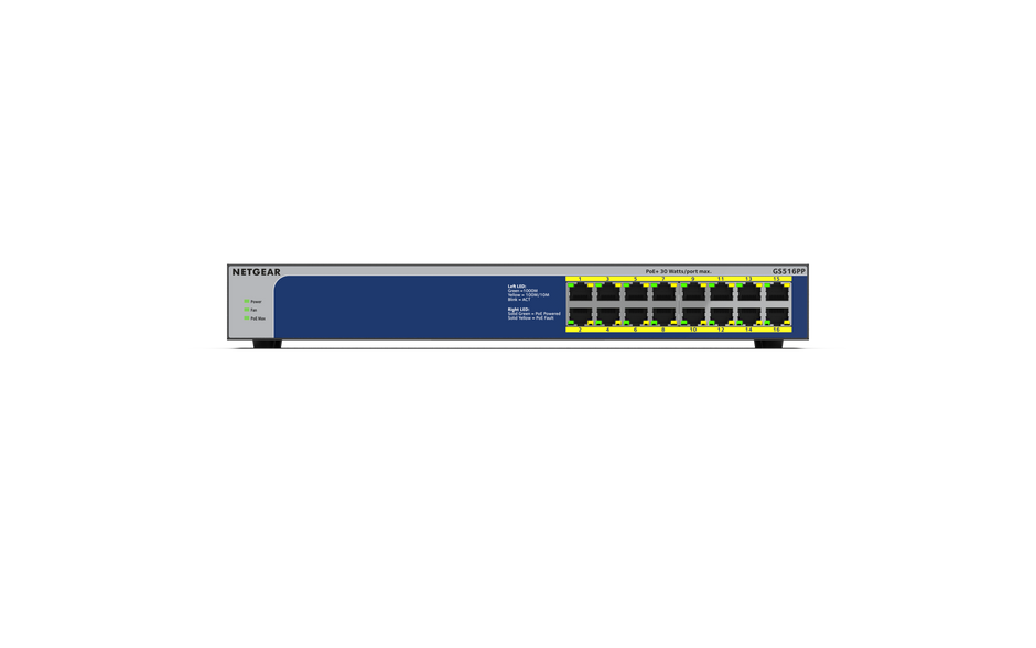 NETGEAR 16-Port High-powered PoE+ Gigabit Unmanaged Switch (260W PoE budget), ProSAFE Lifetime Warranty (GS516PP)