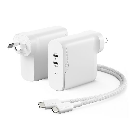ALOGIC 2X68 Rapid Power 2 Port 68W GaN Charger -USB-C (50W) + USB-C (Max. 18) --Includes 2m USB-C Charging Cable (ELPCC202-WH USB-IF Certified)