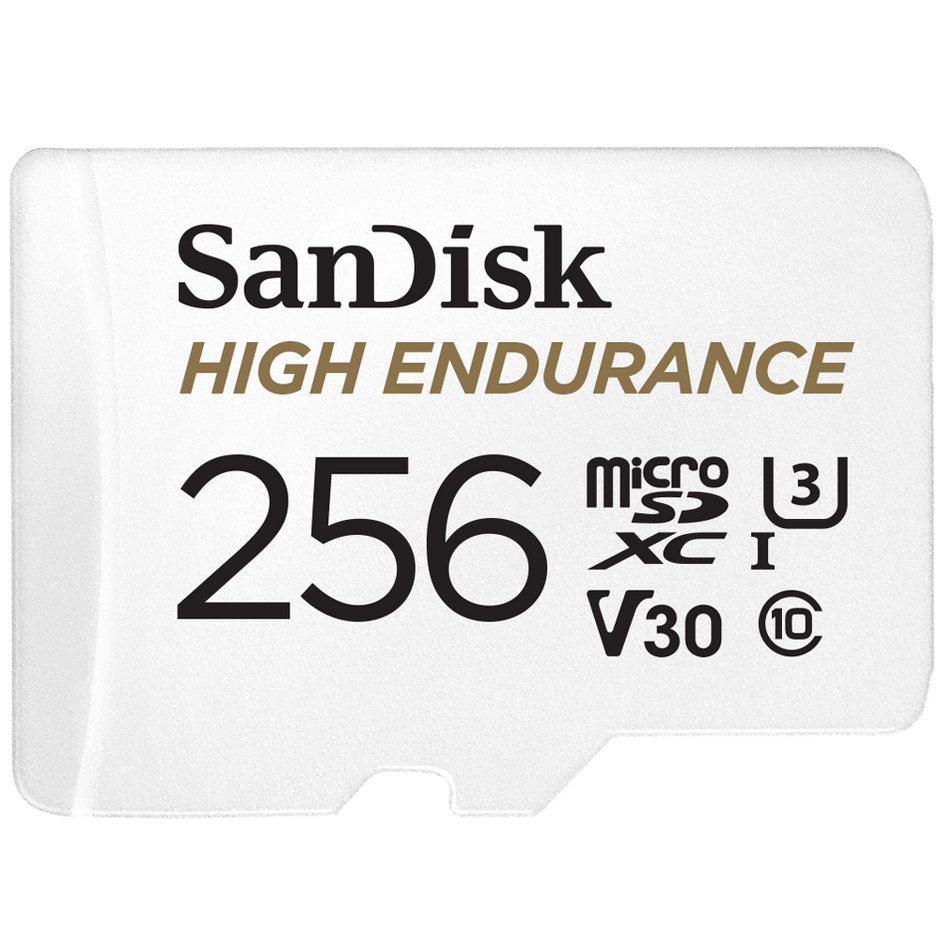 SanDisk High Endurance microSDXC Card, SQQNR 256G, UHS I, C10, U3, V30, 100MB/s R, 40MB/s W, SD adaptor, 2Y