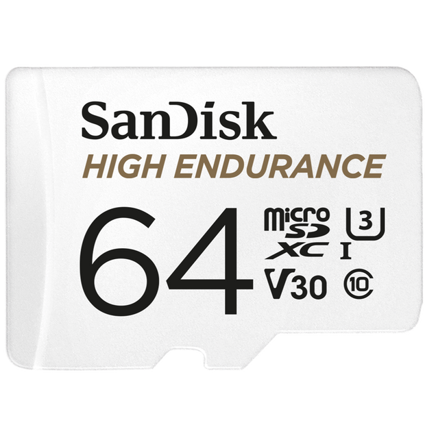 SanDisk High Endurance microSDXC Card, SQQNR 64G, UHS I, C10, U3, V30, 100MB/s R, 40MB/s W, SD adaptor, 2Y