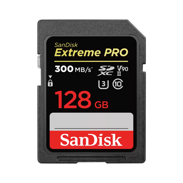 SanDisk Extreme Pro SDXC, SDXDK 128GB, V90, U3, C10, UHS-II, 300MB/s R, 260MB/s W, 4x6, Lifetime Limited