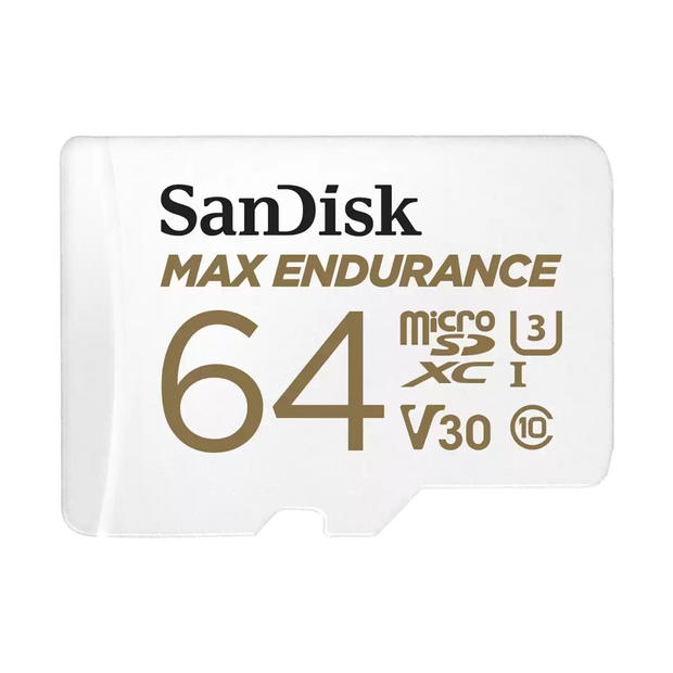 SanDisk MAX ENDURANCE microSDXC Card, SQQVR 64G, (30,000 Hrs), UHS-I, C10, U3, V30, 100MB/s R, 40MB/s W, SD adaptor, 5Y