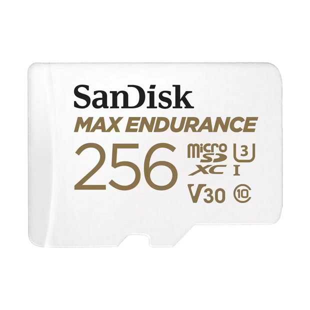 SanDisk MAX ENDURANCE microSDXC Card, SQQVR 256G, (120,000 Hrs), UHS-I, C10, U3, V30, 100MB/s R, 40MB/s W, SD adaptor, 15Y