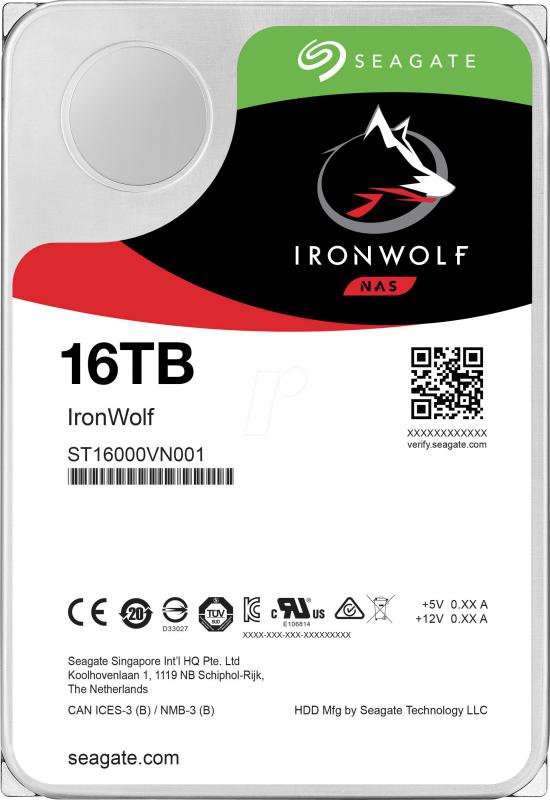 IronWolf, NAS, 3.5" HDD, 16TB SATA 6GB/s, 7200RPM, 256MB, 3 Years or 1M Hours MTBF Warranty