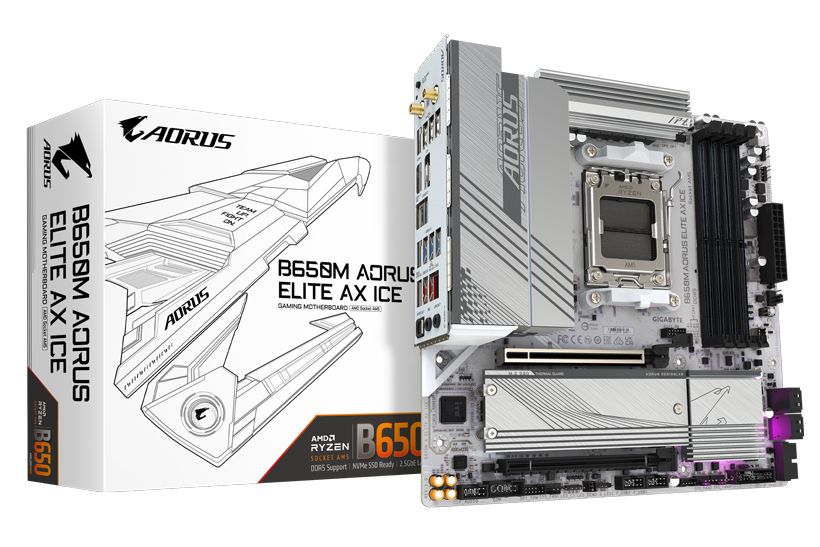 B650M AORUS ELITE AX ICE/AMD AM5/MATX/4x DDR5 up to 192GB/8000MHz/PCIe 4.0 x2/M.2 x2