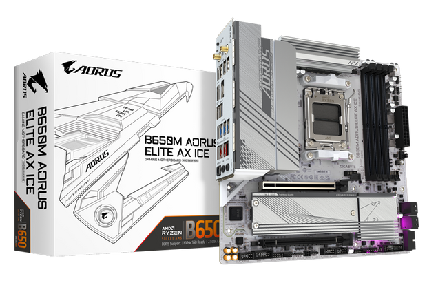 B650M AORUS ELITE AX ICE/AMD AM5/MATX/4x DDR5 up to 192GB/8000MHz/PCIe 4.0 x2/M.2 x2