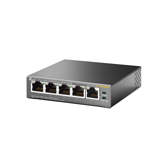 5-Port Gigabit Desktop Switch with 4-Port PoE, 5 Gigabit RJ45 ports including 4 PoE ports, 56W PoE Power supply, steel case
