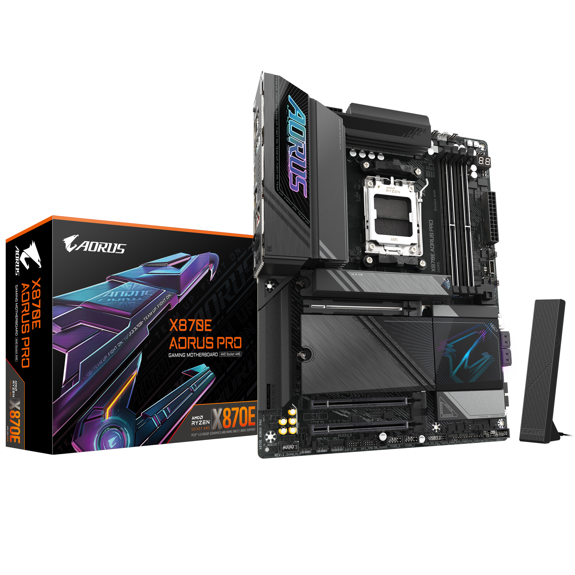 Socket: AMD AM5 Chipset: AMD X870E Memory Support: DDR5, up to 8000 MHz Expansion Slots: Multiple PCIe 5.0 x16 slots Storage: Multiple M.2 slots, incl